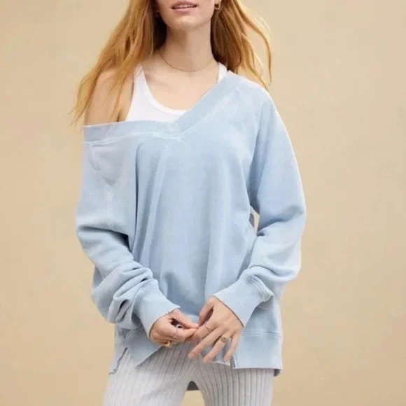 Aerie Downtime Light Blue Off-Shoulder Knit Sweater - Womens large - Picture 1 of 5